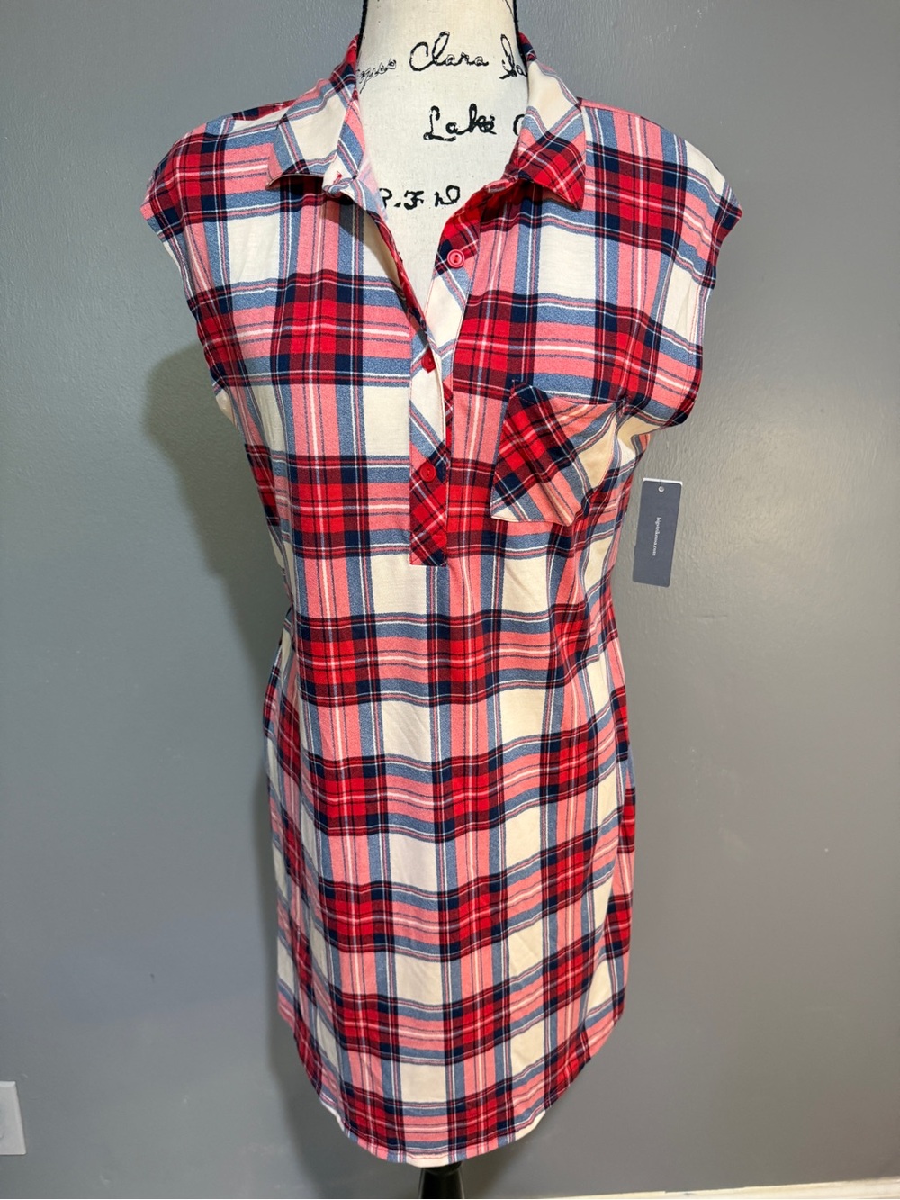 HALO Red White and Navy Plaid Sleeveless Shirt Dress Sz S NWT